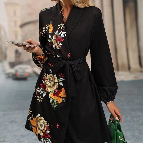 . Dresses & Skirts - Black Preppy Womens Floral Print Shawl Collar Lantern Sleeve Belted Dress